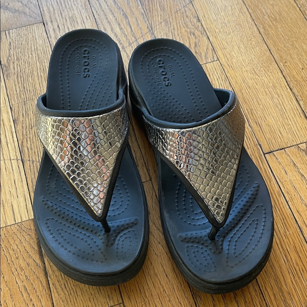 CROCS Metallic Snake Print Flip Flops